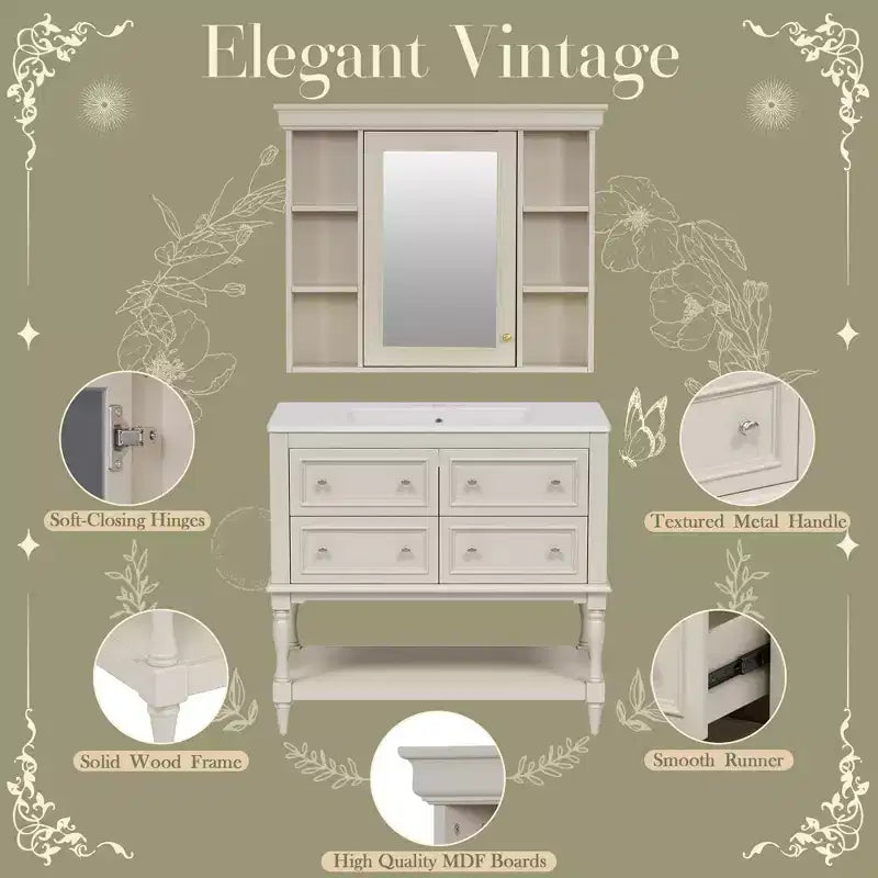 36 Bathroom Vanity Sink Combo, Bathroom Mirror Cabinet with Adjustable Shelf, Bathroom storage Cabinet with Drawers