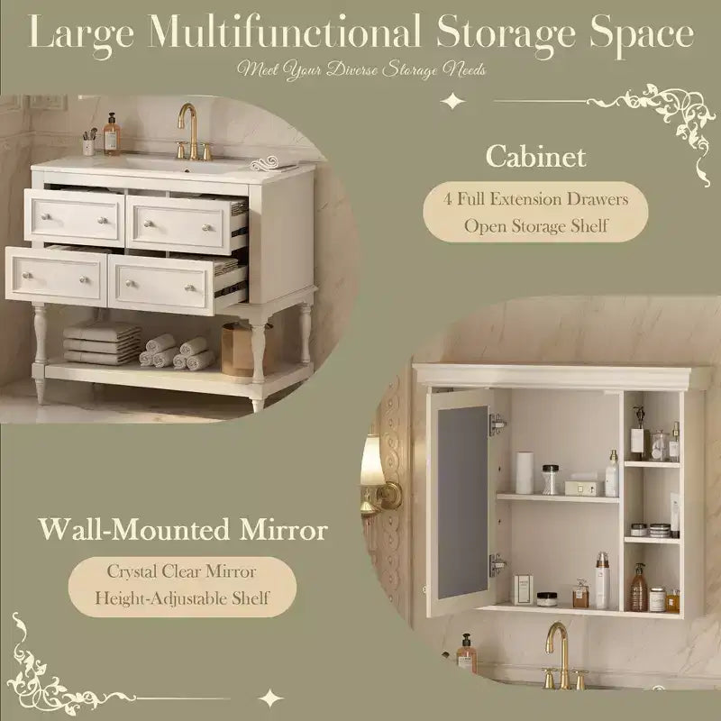 36 Bathroom Vanity Sink Combo, Bathroom Mirror Cabinet with Adjustable Shelf, Bathroom storage Cabinet with Drawers