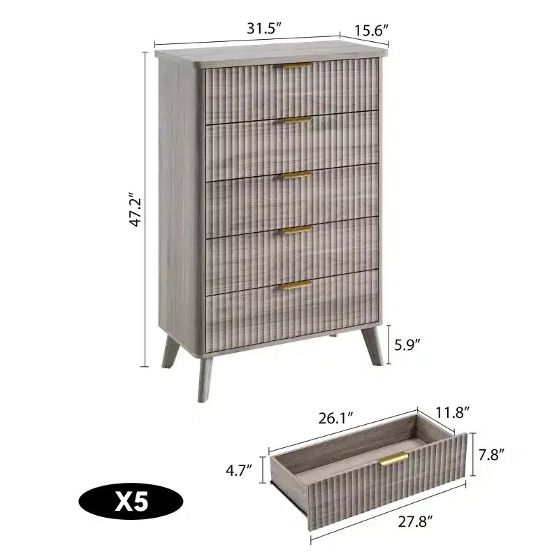Fluted Dresser for Bedroom with 5 Deep Drawers, 47.2 in Tall Chest of Drawers, Curved Profile Design, Modern Wooden Dresser