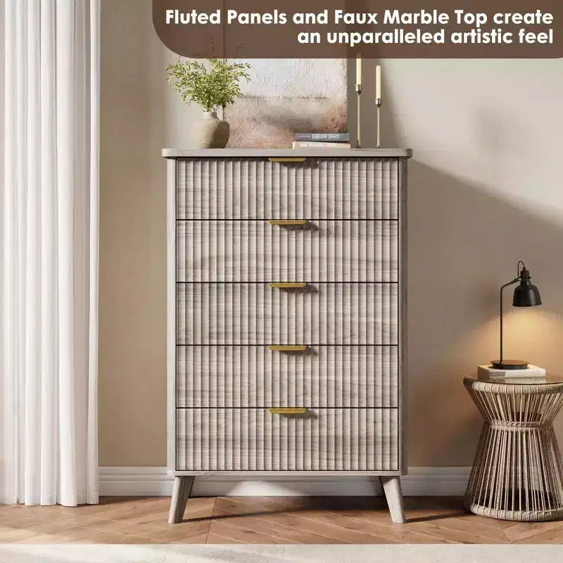 Fluted Dresser for Bedroom with 5 Deep Drawers, 47.2 in Tall Chest of Drawers, Curved Profile Design, Modern Wooden Dresser