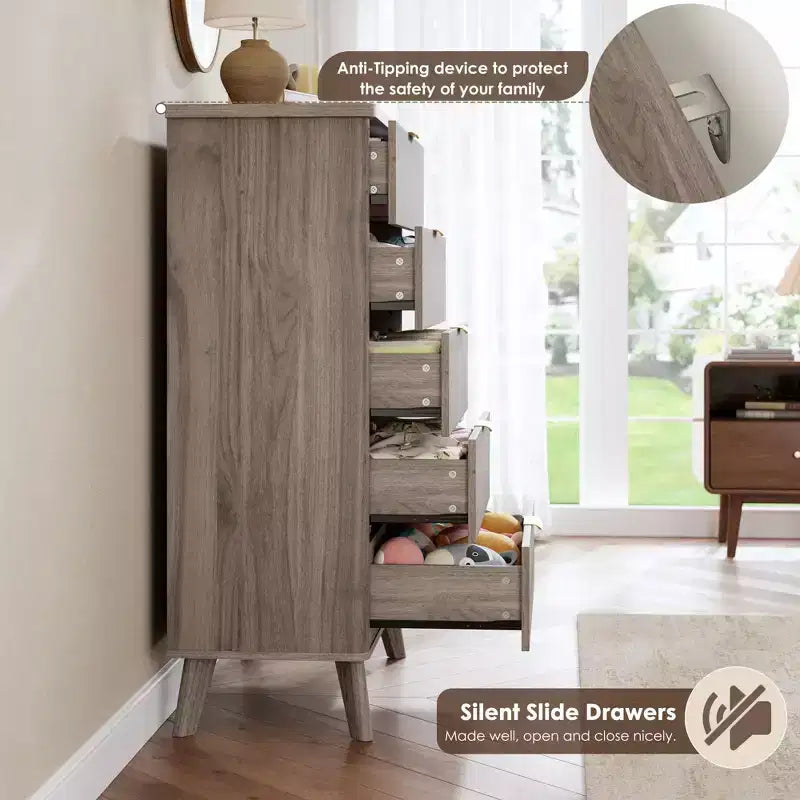 Fluted Dresser for Bedroom with 5 Deep Drawers, 47.2 in Tall Chest of Drawers, Curved Profile Design, Modern Wooden Dresser
