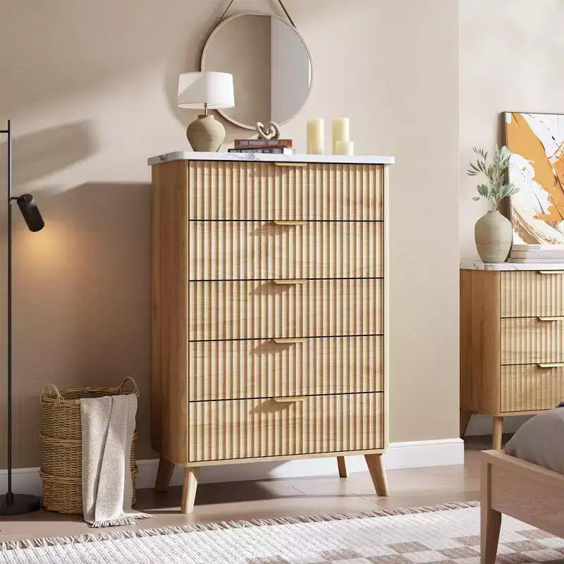 Fluted Dresser for Bedroom with 5 Deep Drawers, 47.2 in Tall Chest of Drawers, Curved Profile Design, Modern Wooden Dresser