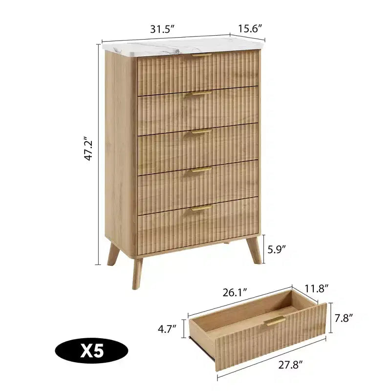 Fluted Dresser for Bedroom with 5 Deep Drawers, 47.2 in Tall Chest of Drawers, Curved Profile Design, Modern Wooden Dresser