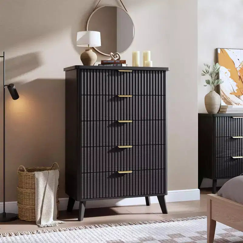 Fluted Dresser for Bedroom with 5 Deep Drawers, 47.2 in Tall Chest of Drawers, Curved Profile Design, Modern Wooden Dresser