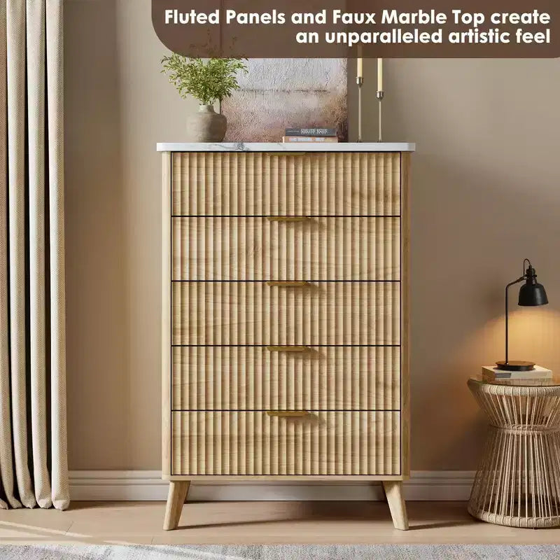 Fluted Dresser for Bedroom with 5 Deep Drawers, 47.2 in Tall Chest of Drawers, Curved Profile Design, Modern Wooden Dresser