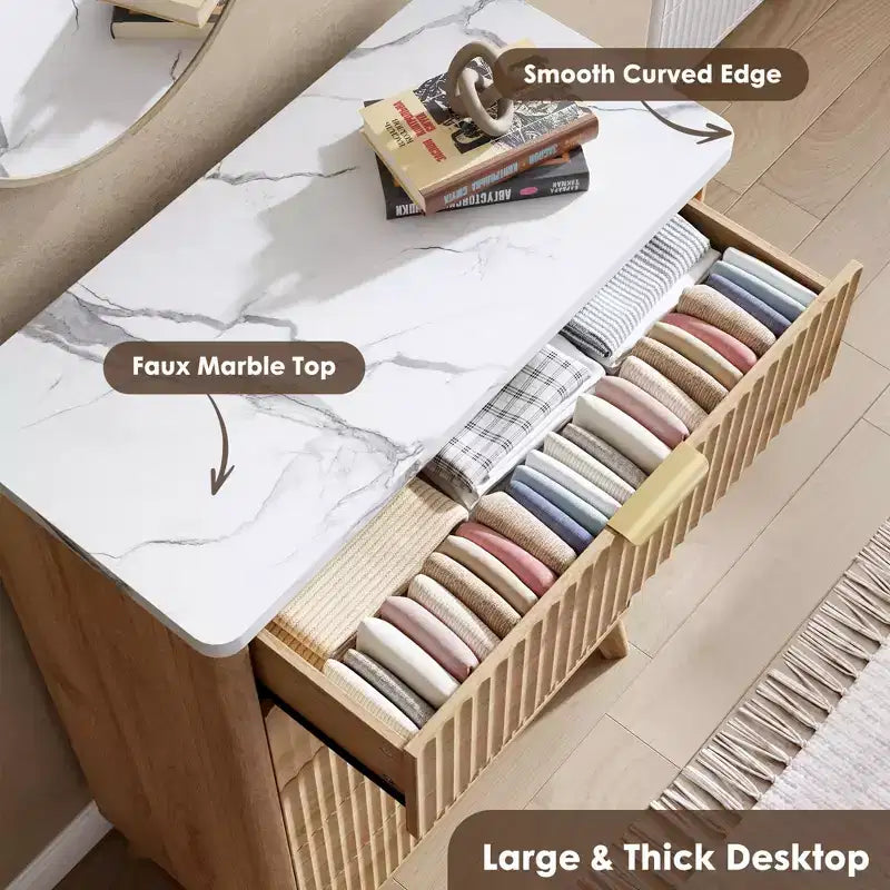 Fluted Dresser for Bedroom with 5 Deep Drawers, 47.2 in Tall Chest of Drawers, Curved Profile Design, Modern Wooden Dresser
