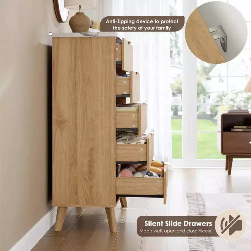 Fluted Dresser for Bedroom with 5 Deep Drawers, 47.2 in Tall Chest of Drawers, Curved Profile Design, Modern Wooden Dresser