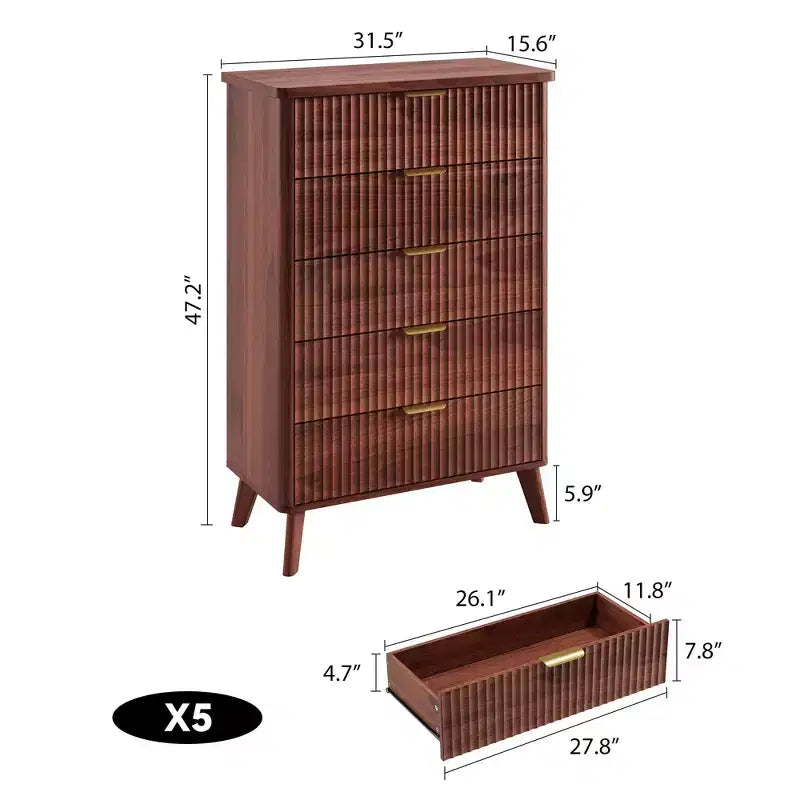 Fluted Dresser for Bedroom with 5 Deep Drawers, 47.2 in Tall Chest of Drawers, Curved Profile Design, Modern Wooden Dresser