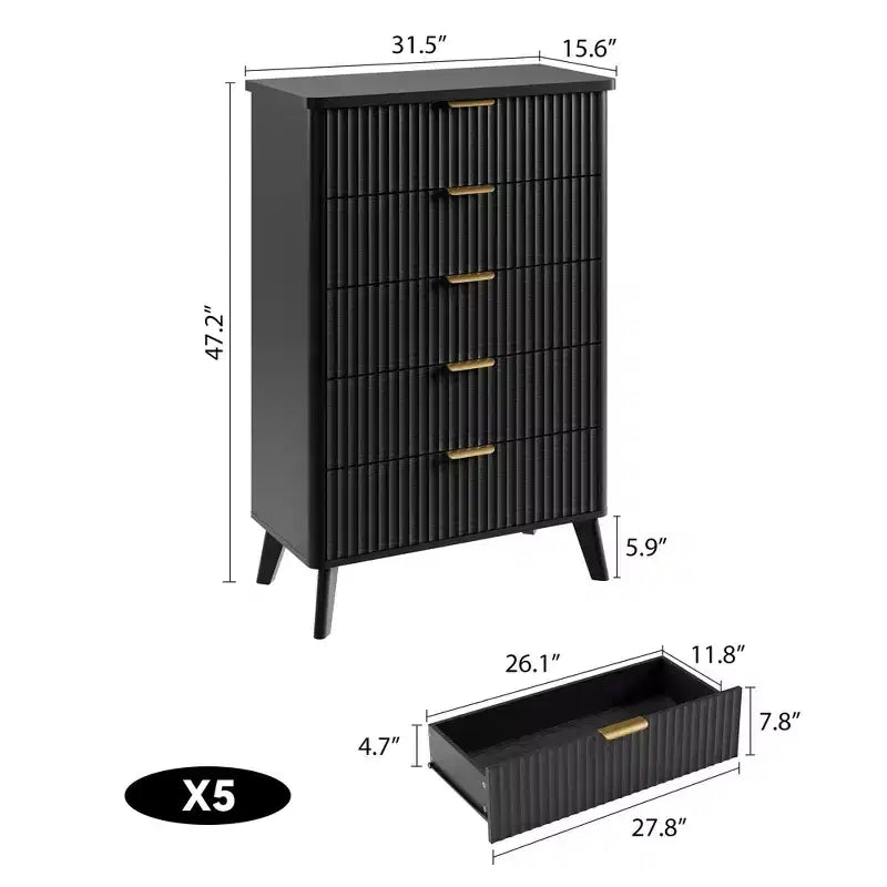 Fluted Dresser for Bedroom with 5 Deep Drawers, 47.2 in Tall Chest of Drawers, Curved Profile Design, Modern Wooden Dresser