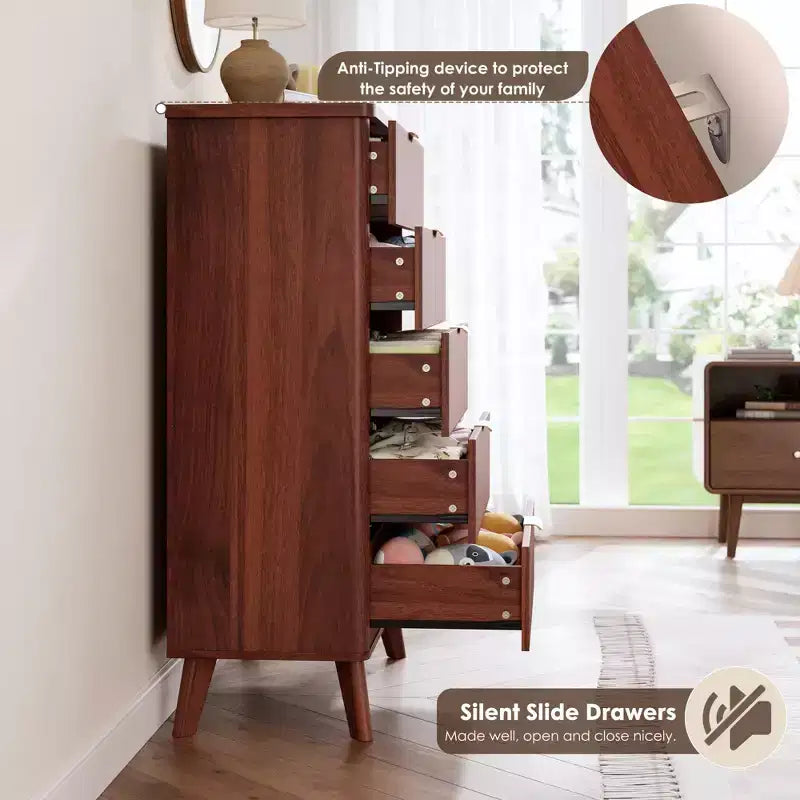 Fluted Dresser for Bedroom with 5 Deep Drawers, 47.2 in Tall Chest of Drawers, Curved Profile Design, Modern Wooden Dresser