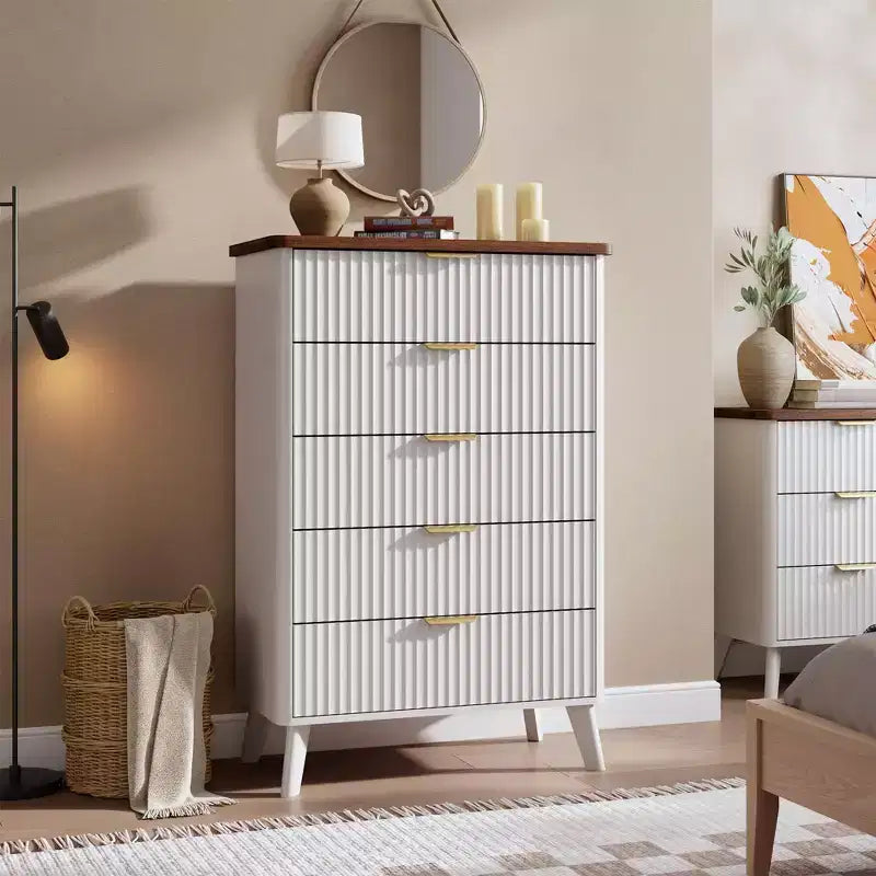 Fluted Dresser for Bedroom with 5 Deep Drawers, 47.2 in Tall Chest of Drawers, Curved Profile Design, Modern Wooden Dresser