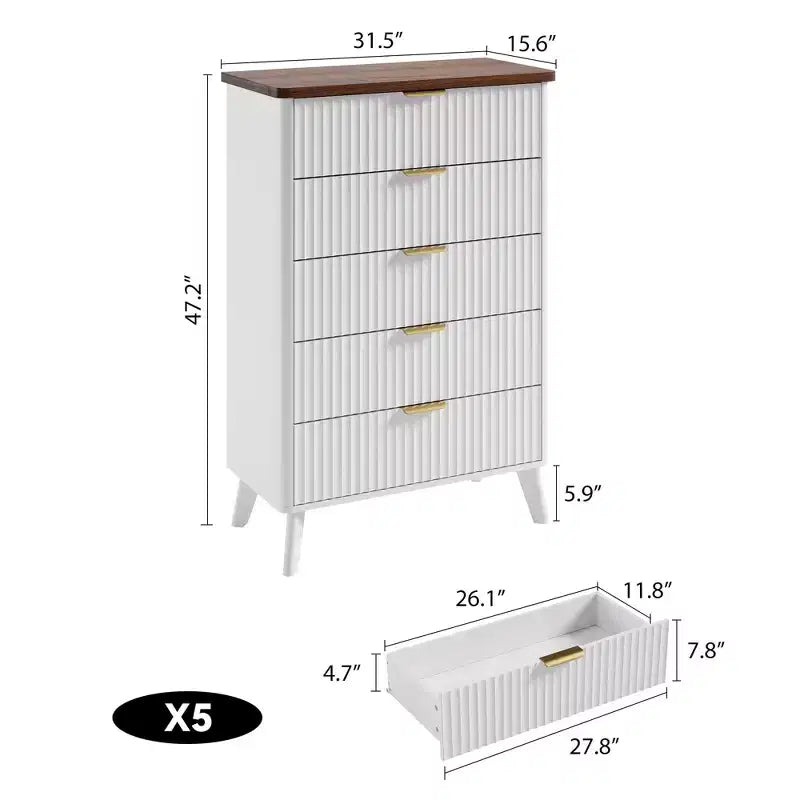 Fluted Dresser for Bedroom with 5 Deep Drawers, 47.2 in Tall Chest of Drawers, Curved Profile Design, Modern Wooden Dresser