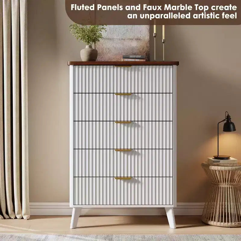 Fluted Dresser for Bedroom with 5 Deep Drawers, 47.2 in Tall Chest of Drawers, Curved Profile Design, Modern Wooden Dresser