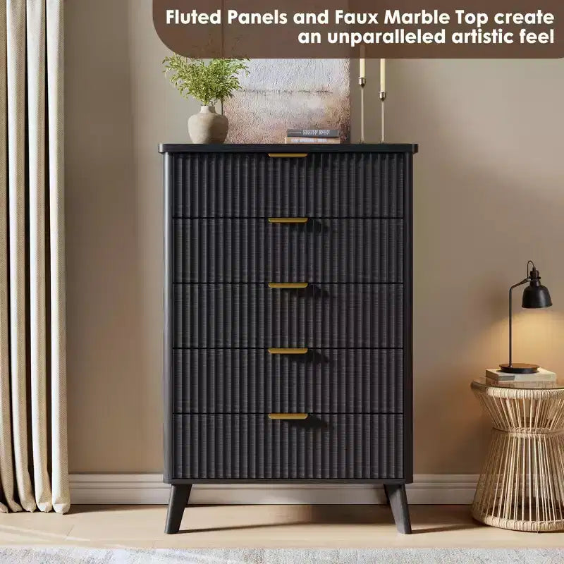 Fluted Dresser for Bedroom with 5 Deep Drawers, 47.2 in Tall Chest of Drawers, Curved Profile Design, Modern Wooden Dresser
