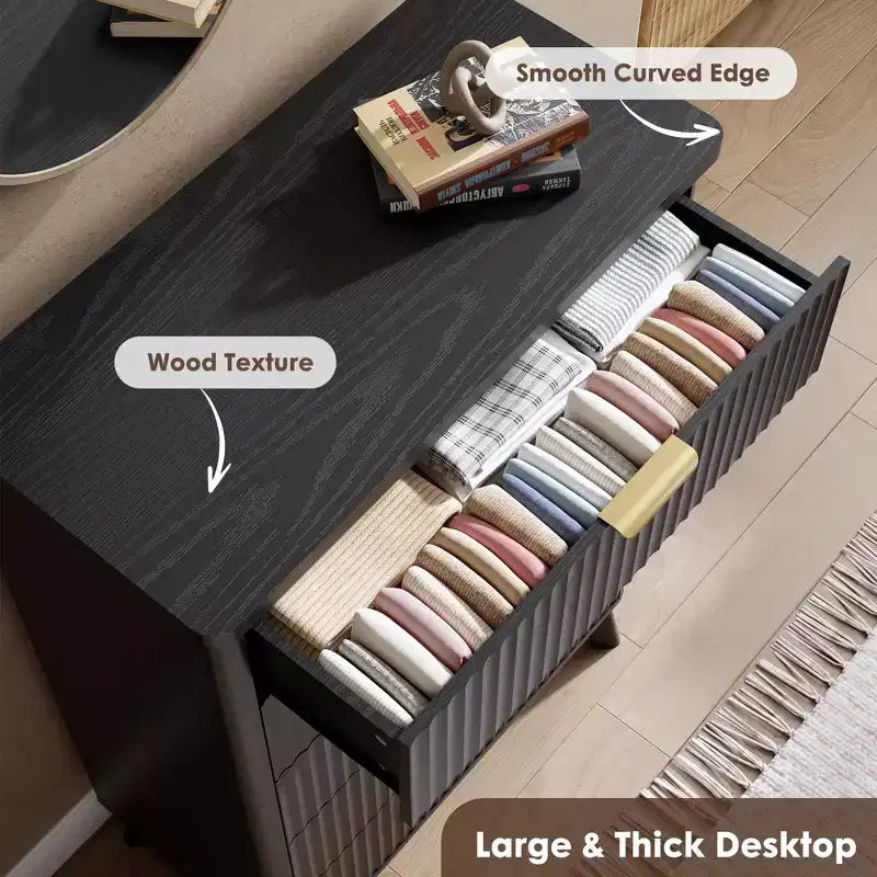 Fluted Dresser for Bedroom with 5 Deep Drawers, 47.2 in Tall Chest of Drawers, Curved Profile Design, Modern Wooden Dresser