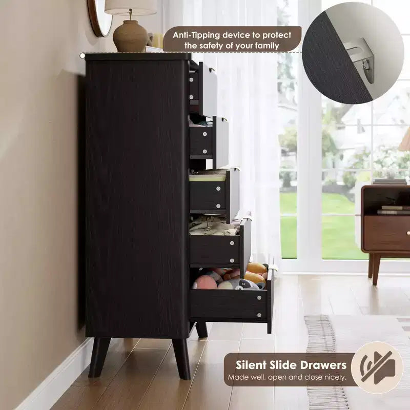 Fluted Dresser for Bedroom with 5 Deep Drawers, 47.2 in Tall Chest of Drawers, Curved Profile Design, Modern Wooden Dresser