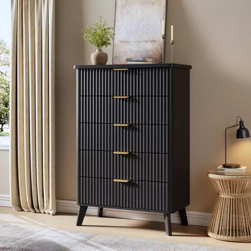 Fluted Dresser for Bedroom with 5 Deep Drawers, 47.2 in Tall Chest of Drawers, Curved Profile Design, Modern Wooden Dresser