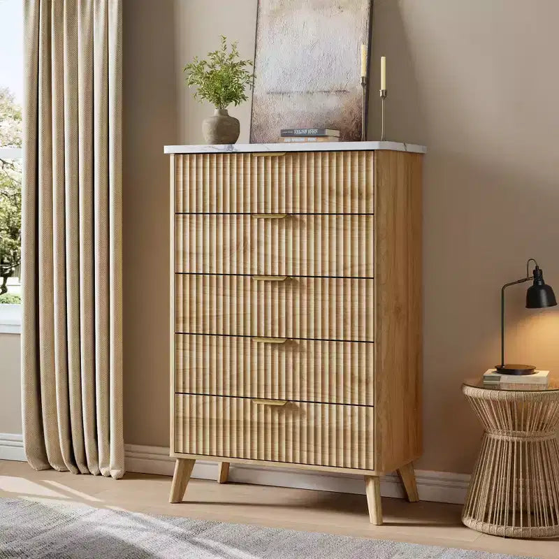 Fluted Dresser for Bedroom with 5 Deep Drawers, 47.2 in Tall Chest of Drawers, Curved Profile Design, Modern Wooden Dresser
