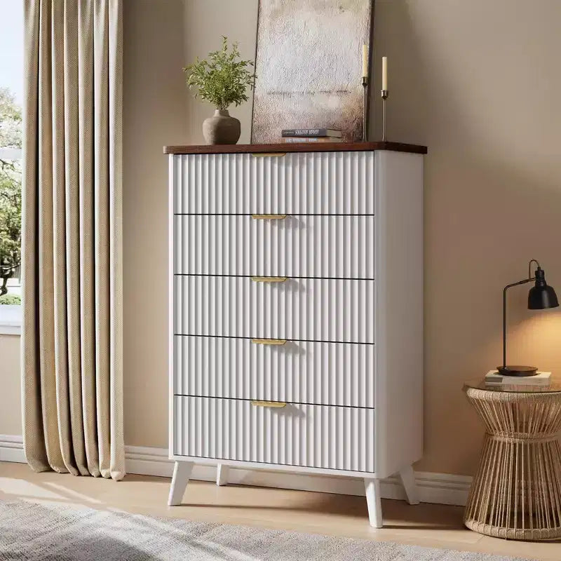 Fluted Dresser for Bedroom with 5 Deep Drawers, 47.2 in Tall Chest of Drawers, Curved Profile Design, Modern Wooden Dresser
