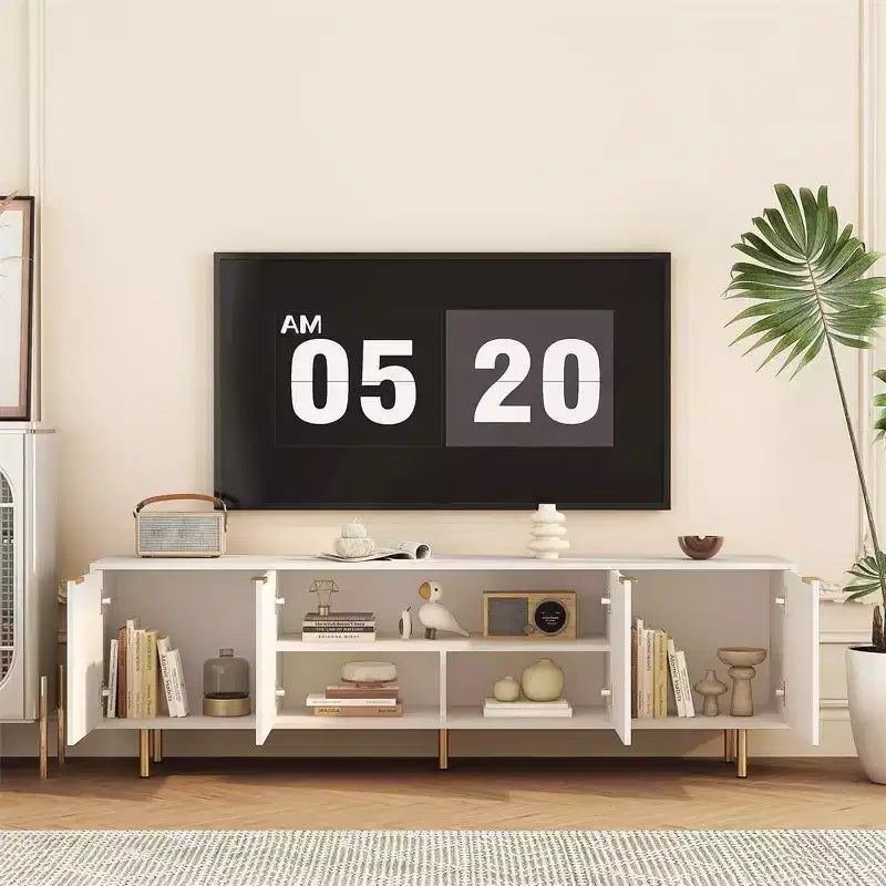 Boho TV Stand TV, Entertainment Center with Adjustable Shelf, Rattan TV Console with 2 Cabinets, Media Console, Wood Feet, 4 Cord Holes