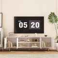 Boho TV Stand TV, Entertainment Center with Adjustable Shelf, Rattan TV Console with 2 Cabinets, Media Console, Wood Feet, 4 Cord Holes