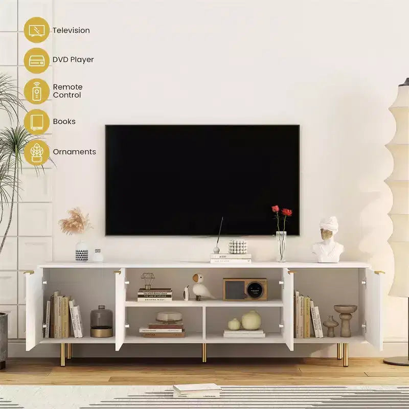 Boho TV Stand TV, Entertainment Center with Adjustable Shelf, Rattan TV Console with 2 Cabinets, Media Console, Wood Feet, 4 Cord Holes