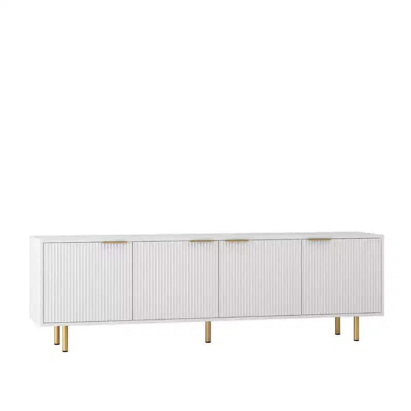Boho TV Stand TV, Entertainment Center with Adjustable Shelf, Rattan TV Console with 2 Cabinets, Media Console, Wood Feet, 4 Cord Holes