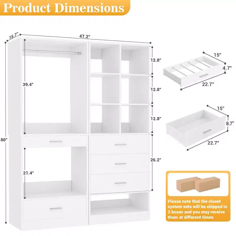 Set of 2 Freestanding Closet System with 4 Drawers, Walk-In Wardrobe Organizer with Hanging Rod