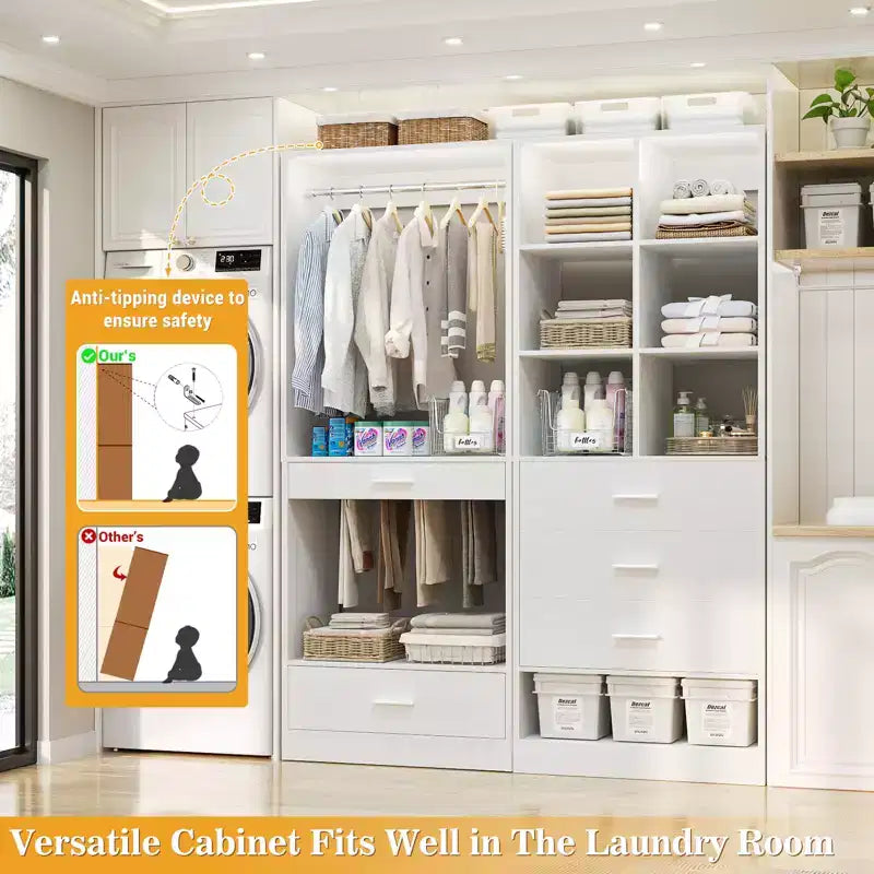 Set of 2 Freestanding Closet System with 4 Drawers, Walk-In Wardrobe Organizer with Hanging Rod