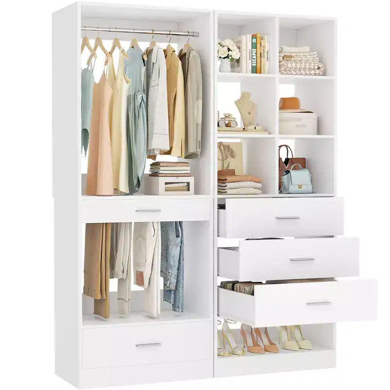 Set of 2 Freestanding Closet System with 4 Drawers, Walk-In Wardrobe Organizer with Hanging Rod