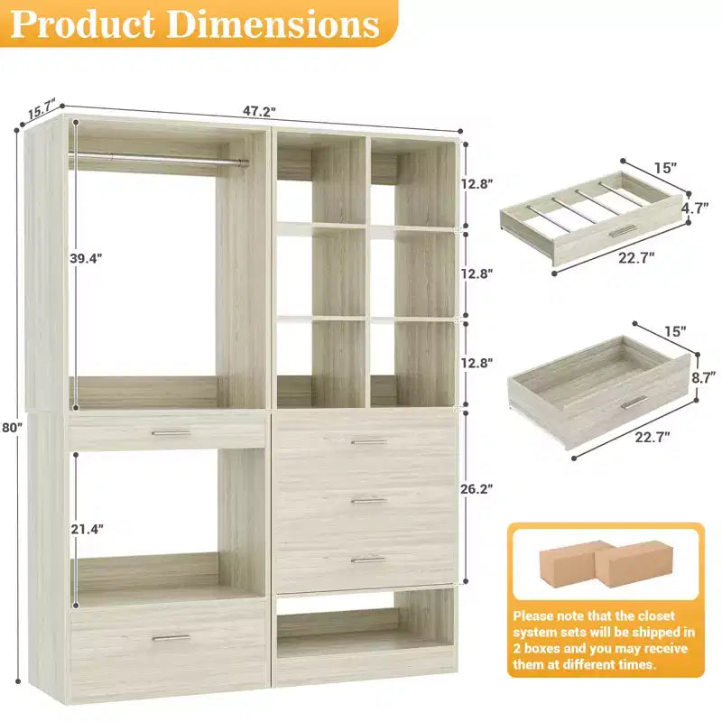 Set of 2 Freestanding Closet System with 4 Drawers, Walk-In Wardrobe Organizer with Hanging Rod