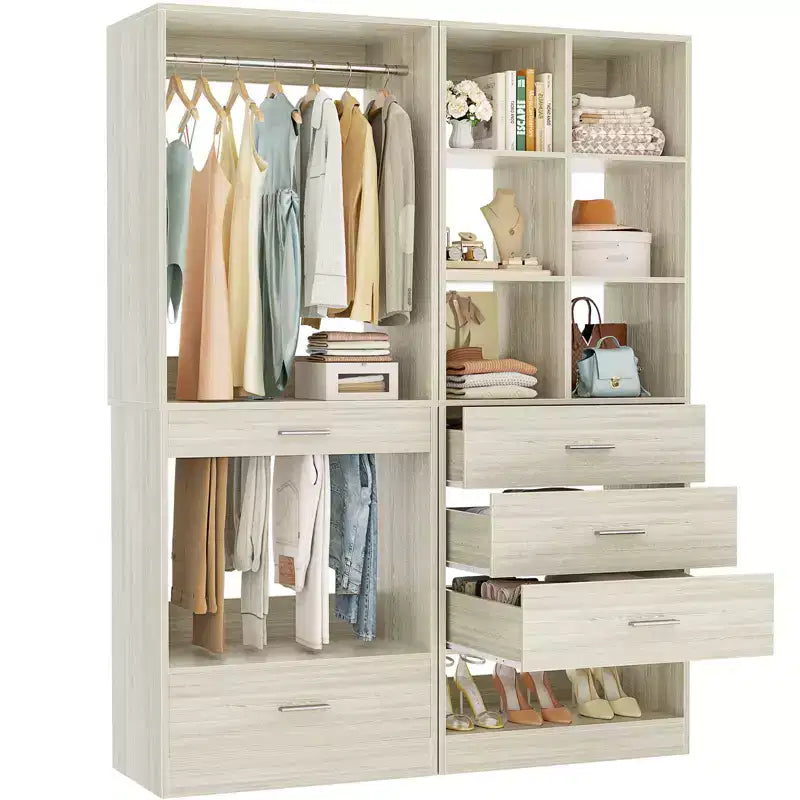Set of 2 Freestanding Closet System with 4 Drawers, Walk-In Wardrobe Organizer with Hanging Rod