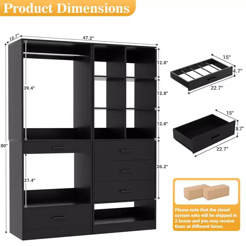 Set of 2 Freestanding Closet System with 4 Drawers, Walk-In Wardrobe Organizer with Hanging Rod