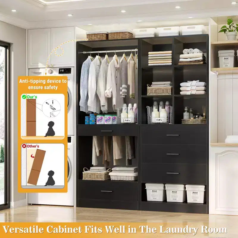 Set of 2 Freestanding Closet System with 4 Drawers, Walk-In Wardrobe Organizer with Hanging Rod