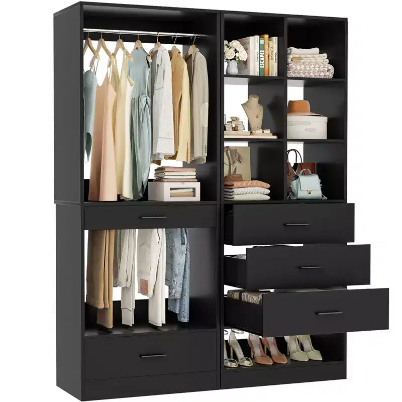 Set of 2 Freestanding Closet System with 4 Drawers, Walk-In Wardrobe Organizer with Hanging Rod