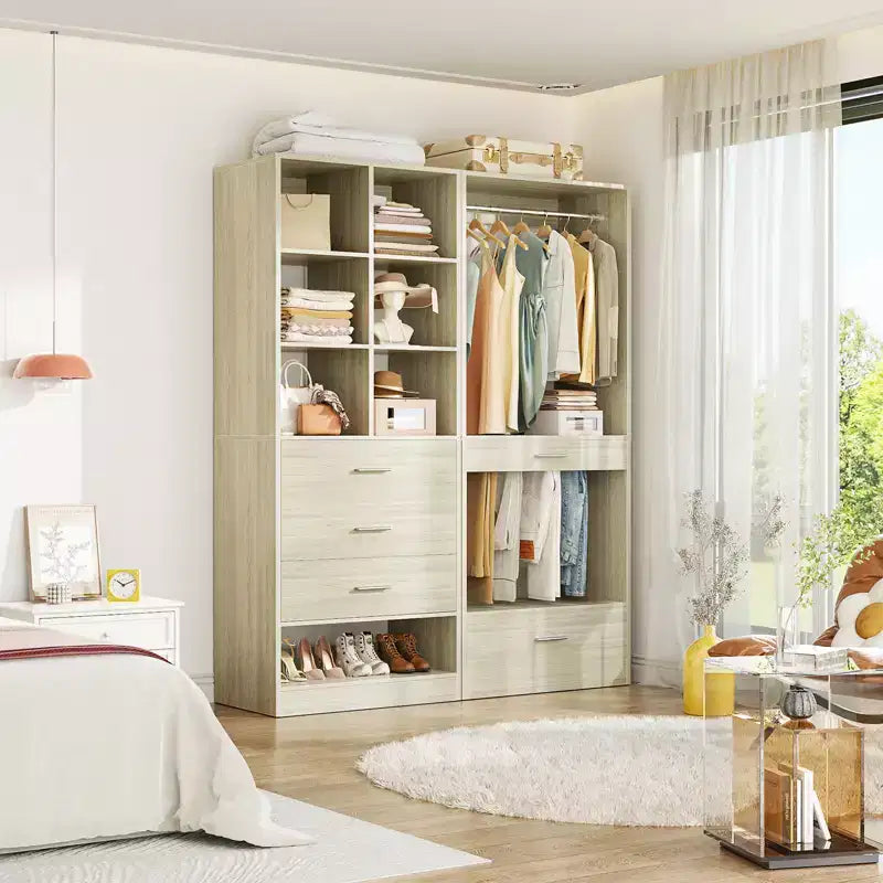 Besiost Set of 2 Freestanding Closet System with 4 Drawers, Walk-In Wardrobe Organizer with Hanging Rod