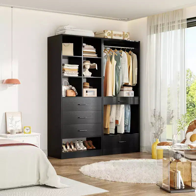 Set of 2 Freestanding Closet System with 4 Drawers, Walk-In Wardrobe Organizer with Hanging Rod