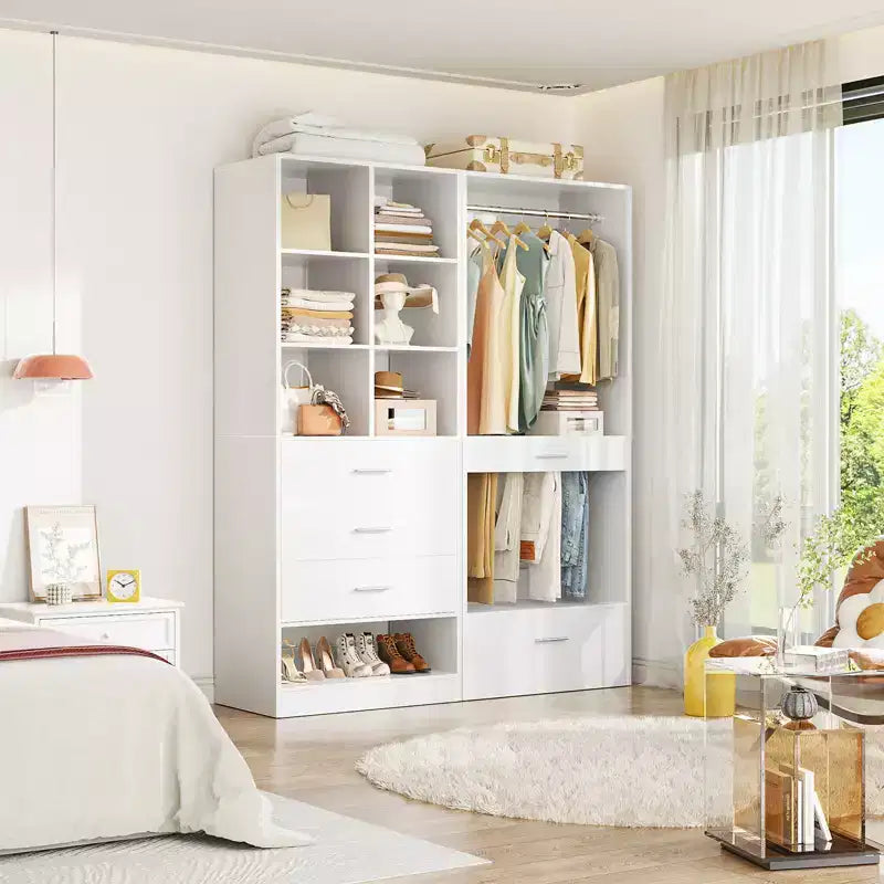 Set of 2 Freestanding Closet System with 4 Drawers, Walk-In Wardrobe Organizer with Hanging Rod