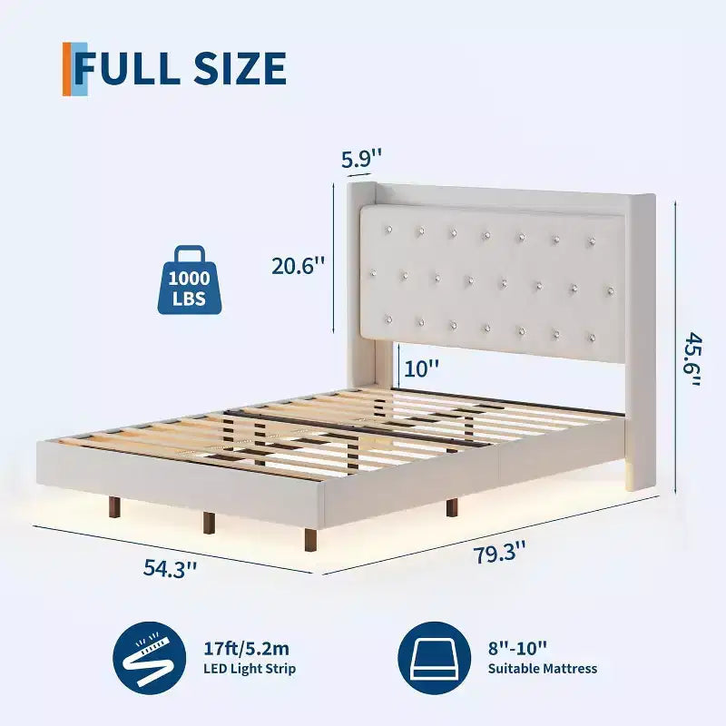 Modern Floating Bed Frame, Soft Fabric Upholstered Wingback Storage Headboard Noise Free Platform Easy Assembly No Box Spring.