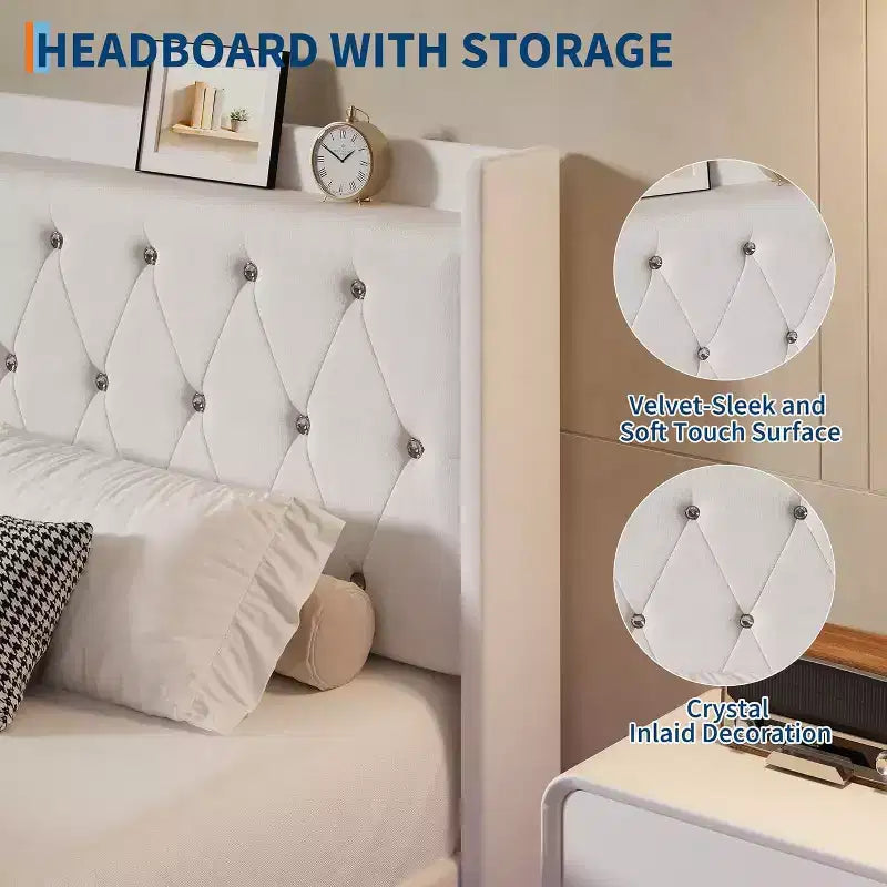 Modern Floating Bed Frame, Soft Fabric Upholstered Wingback Storage Headboard Noise Free Platform Easy Assembly No Box Spring.