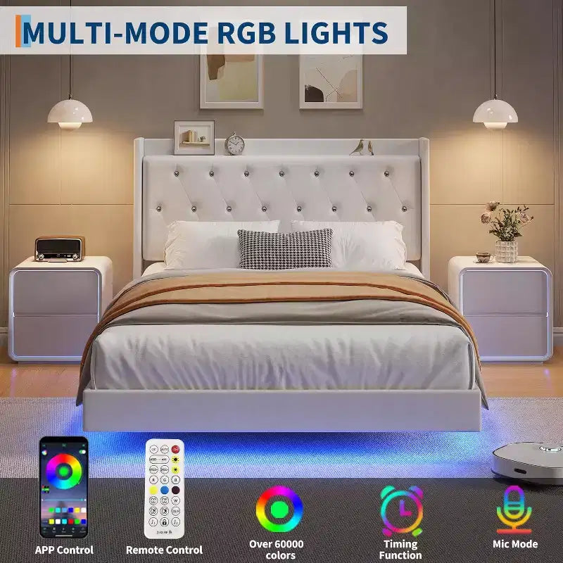 Modern Floating Bed Frame, Soft Fabric Upholstered Wingback Storage Headboard Noise Free Platform Easy Assembly No Box Spring.