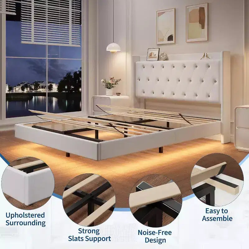 Modern Floating Bed Frame, Soft Fabric Upholstered Wingback Storage Headboard Noise Free Platform Easy Assembly No Box Spring.