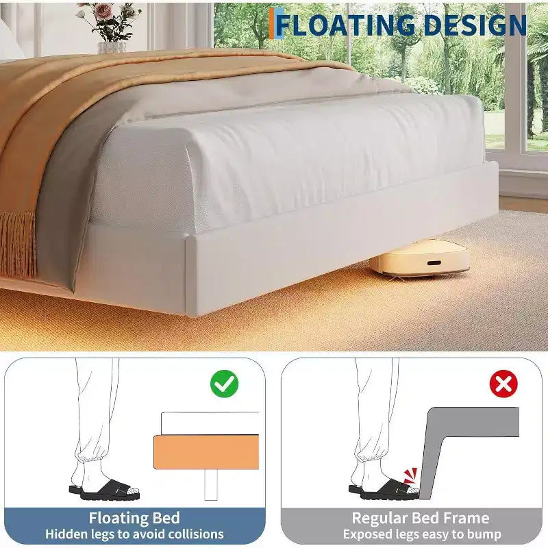 Modern Floating Bed Frame, Soft Fabric Upholstered Wingback Storage Headboard Noise Free Platform Easy Assembly No Box Spring.