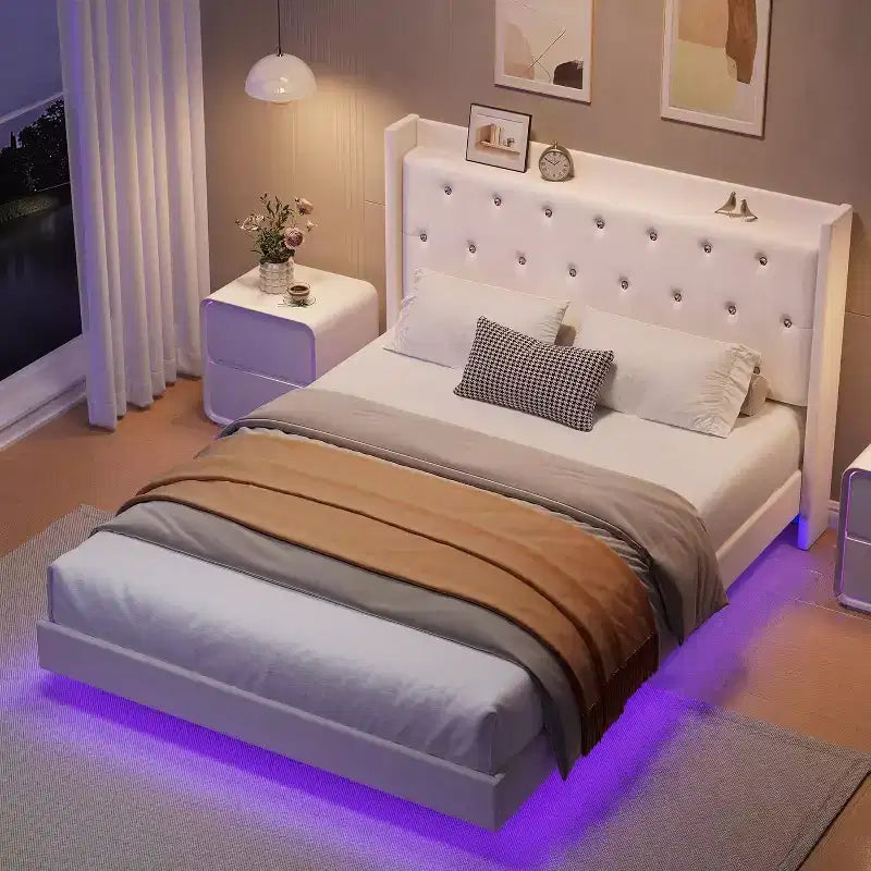 Modern Floating Bed Frame, Soft Fabric Upholstered Wingback Storage Headboard Noise Free Platform Easy Assembly No Box Spring.
