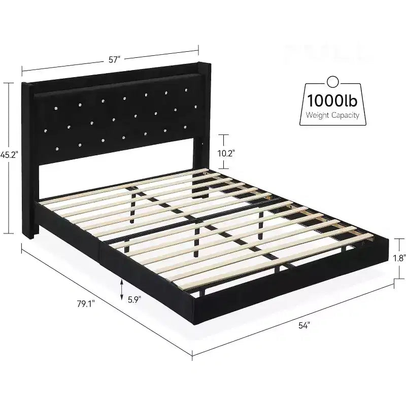 Modern Floating Bed Frame, Soft Fabric Upholstered Wingback Storage Headboard Noise Free Platform Easy Assembly No Box Spring.