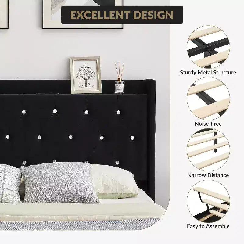 Modern Floating Bed Frame, Soft Fabric Upholstered Wingback Storage Headboard Noise Free Platform Easy Assembly No Box Spring.