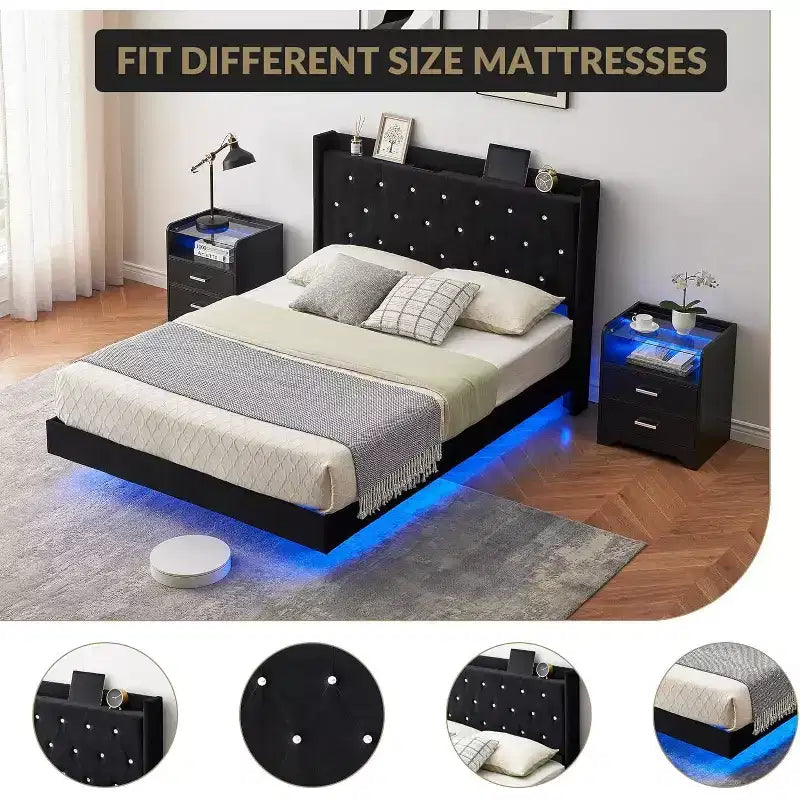 Modern Floating Bed Frame, Soft Fabric Upholstered Wingback Storage Headboard Noise Free Platform Easy Assembly No Box Spring.