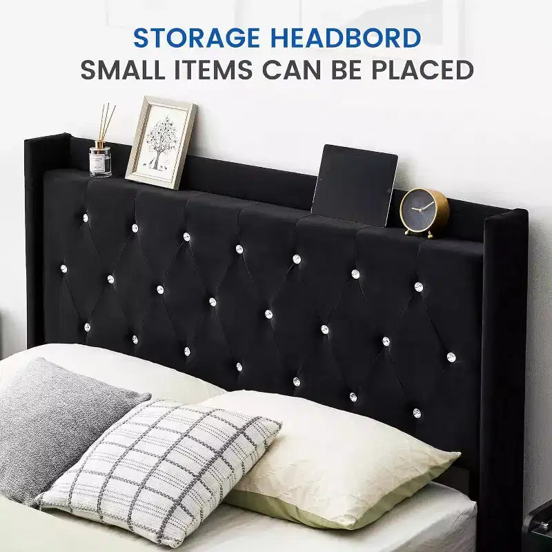 Modern Floating Bed Frame, Soft Fabric Upholstered Wingback Storage Headboard Noise Free Platform Easy Assembly No Box Spring.