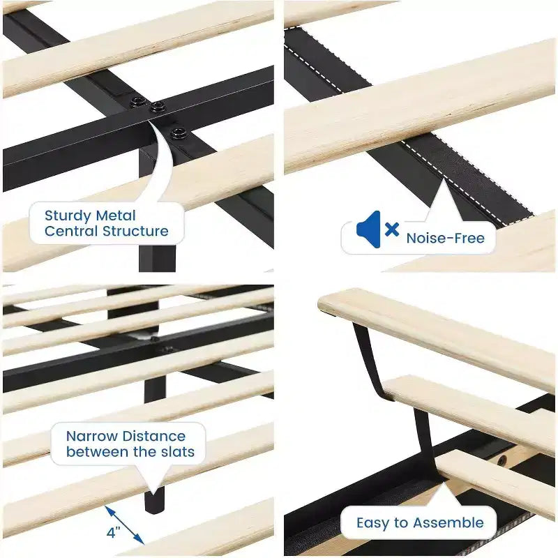 Modern Floating Bed Frame, Soft Fabric Upholstered Wingback Storage Headboard Noise Free Platform Easy Assembly No Box Spring.
