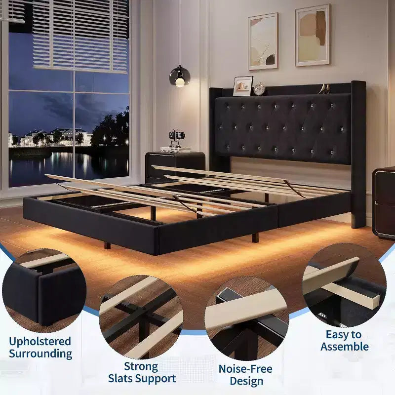 Modern Floating Bed Frame, Soft Fabric Upholstered Wingback Storage Headboard Noise Free Platform Easy Assembly No Box Spring.